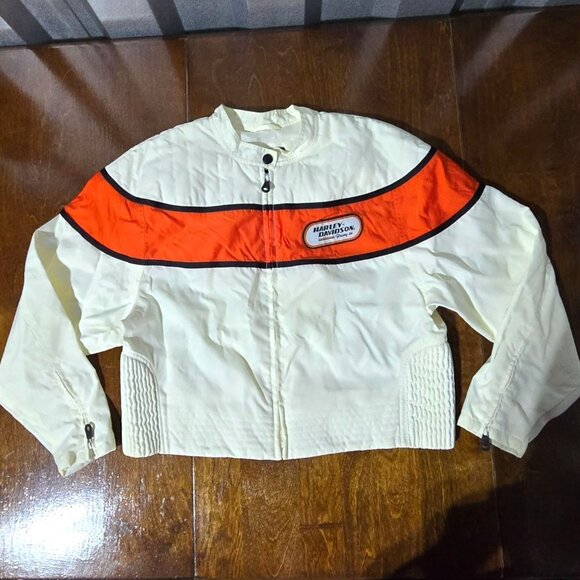 Vtg Harley-Davidson Womens White & Orange Jacket Logo Cropped Racing Bikercore - Picture 1 of 11